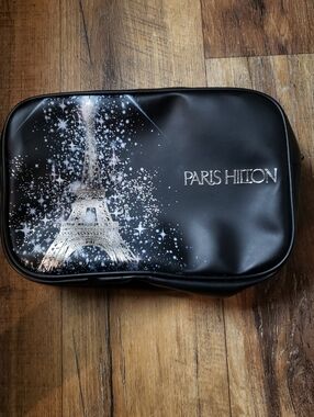 Paris Hilton Black Toiletry Bag w/ Silver Eiffel Tower & Black Heart Charm